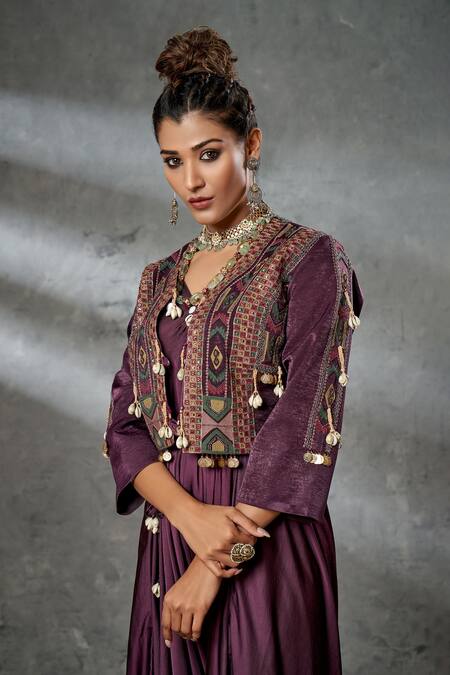 Aditi Somani_Wine Jacket Modal Satin, Jumpsuit Silk Suede Pleated With Embroidered_Online_at_Aza_Fashions
