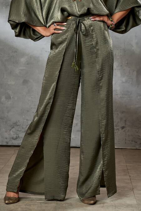 Aditi Somani_Green Silk Suede Sequins, Beads And Thread Work V Crop Top & Panelled Pant Set _Online_at_Aza_Fashions