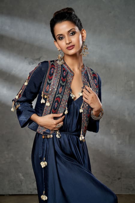 Shop_Aditi Somani_Blue Jacket Modal Satin, Jumpsuit Silk Suede Sequins, Draped With Embroidered_Online_at_Aza_Fashions
