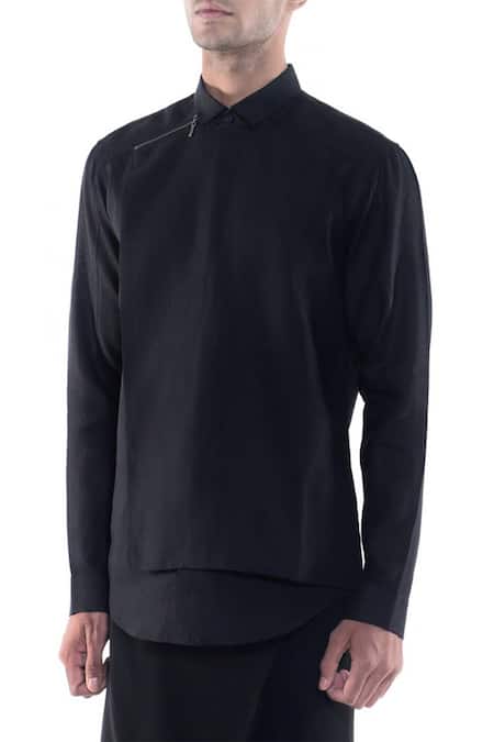 Rohit Gandhi + Rahul Khanna_Black Cotton Aaragon Shirt _Online_at_Aza_Fashions