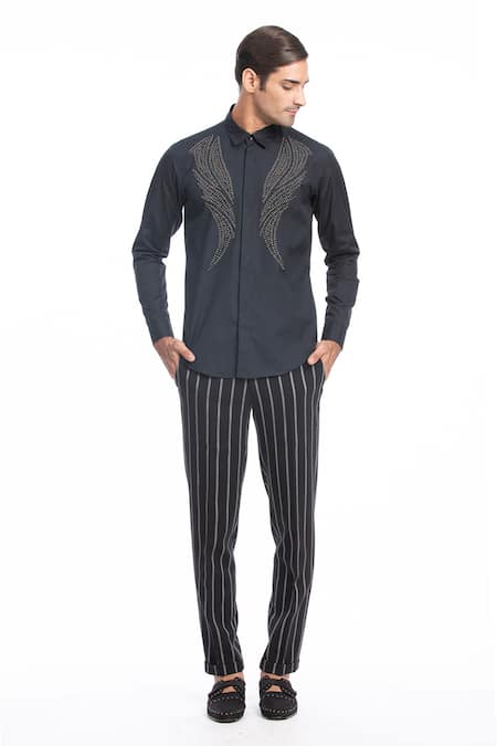 Buy_Rohit Gandhi + Rahul Khanna_Black Cotton Embroidery Applique Shirt _Online_at_Aza_Fashions