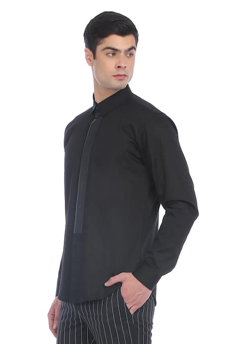 Rohit Gandhi + Rahul Khanna_Black Cotton Leather Placket Shirt _Online_at_Aza_Fashions