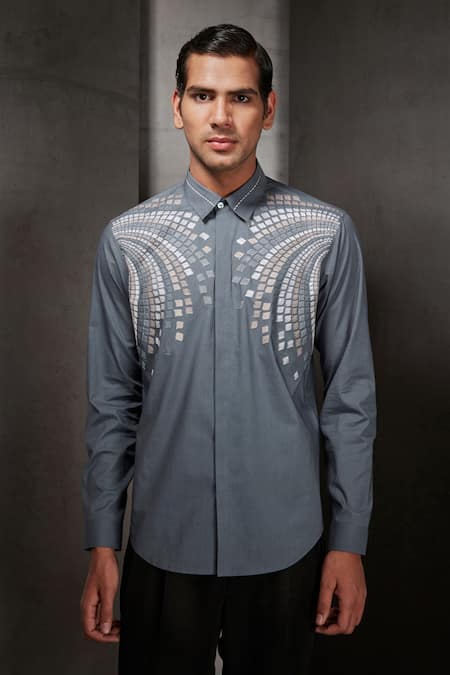 Rohit Gandhi + Rahul Khanna_Grey Cotton Diamonds Embroidered Shirt_Online_at_Aza_Fashions