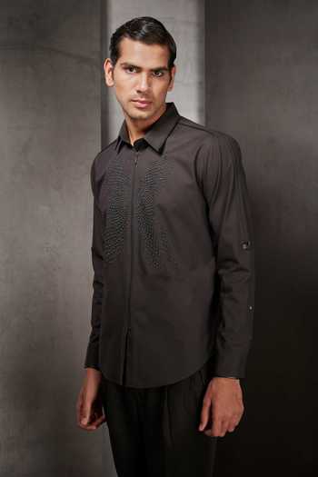 Rohit Gandhi + Rahul Khanna Black Cotton Applique, Metallic Thread And Embellished Shirt Online at Aza Fashions Rohit Gandhi + Rahul Khanna_Black Cotton Applique, Metallic Thread And Embellished Shirt _Online_at_Aza_Fashions