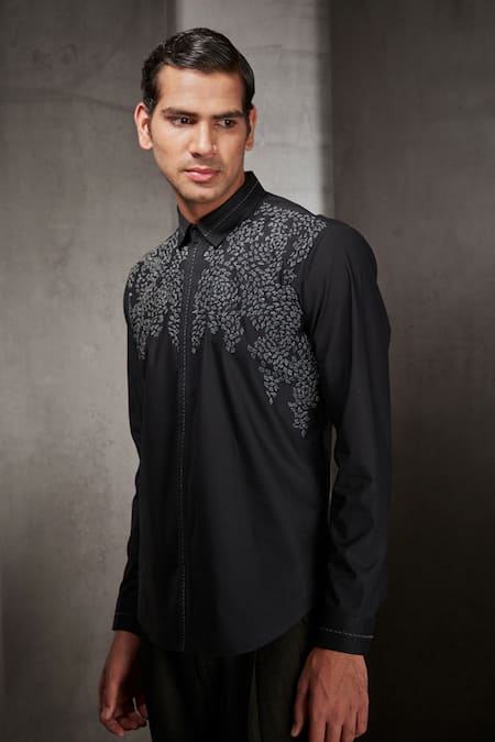 Rohit Gandhi + Rahul Khanna_Black Cotton Embroidery Shirt _Online_at_Aza_Fashions