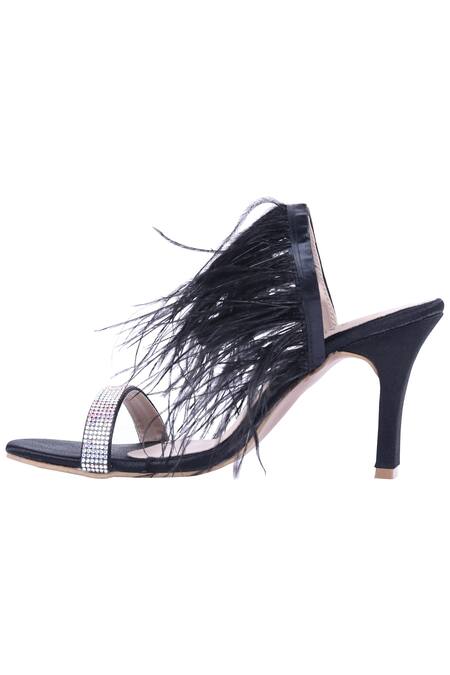 Buy_Adorn My Wish_Black Embellished Faux Feather Stiletto Heels _Online_at_Aza_Fashions