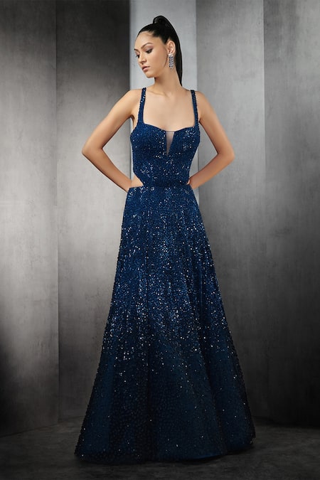 Rohit Gandhi + Rahul Khanna Blue Tulle, Linen Sequins, Crystals Sweetheart Astral Ombre Embellished Gown Online at Aza Fashions Rohit Gandhi + Rahul Khanna_Blue Tulle, Linen Sequins, Crystals Sweetheart Astral Ombre Embellished Gown _Online_at_Aza_Fashions