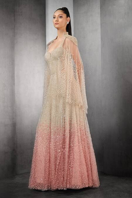 Buy_Rohit Gandhi + Rahul Khanna_Pink Tulle, Linen Sequins Astral Ombre Embellished Gown With Sheer Cape _Online_at_Aza_Fashions