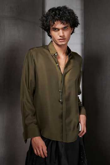 Rohit Gandhi + Rahul Khanna_Green Silk Embroidery Resham Work Placket Shirt_Online_at_Aza_Fashions