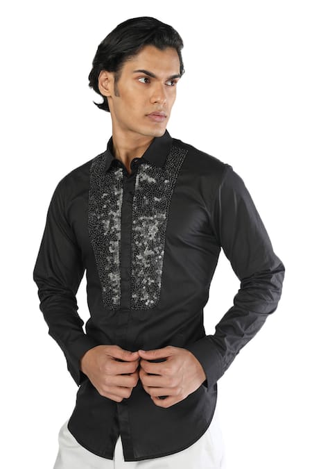 Rohit Gandhi + Rahul Khanna_Black Cotton Sequins Embroidered Shirt _Online_at_Aza_Fashions