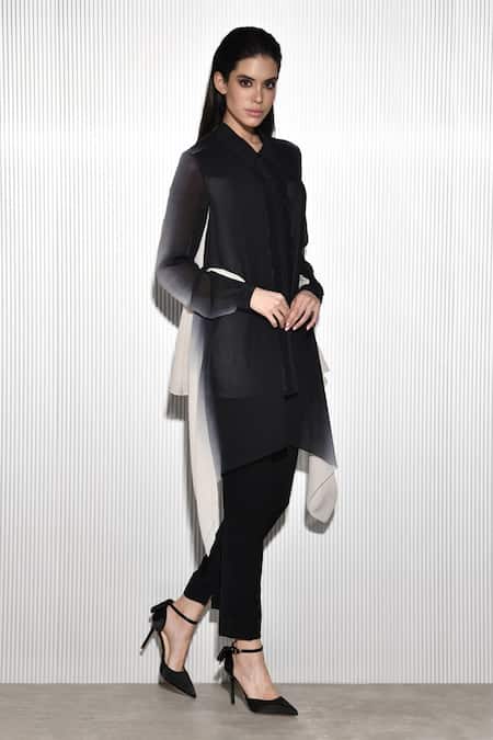 Rohit Gandhi + Rahul Khanna_Black Viscose Beads Collared Ombre High Low Hem Top _Online_at_Aza_Fashions