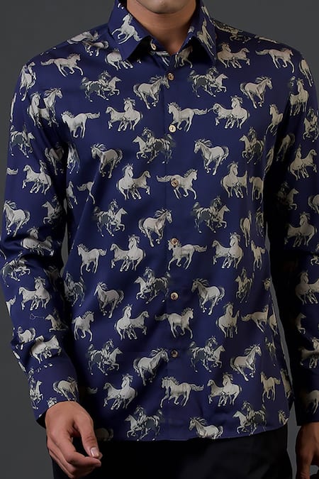 Balance By Rohit Bal Blue Poplin, Satin Horse Print Fitted Shirt Online at Aza Fashions Balance By Rohit Bal_Blue Poplin, Satin Horse Print Fitted Shirt _Online_at_Aza_Fashions