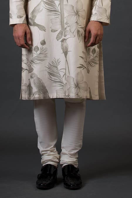 Balance By Rohit Bal_Ivory Chanderi Silk Bird And Floral Print Kurta Set _Online_at_Aza_Fashions
