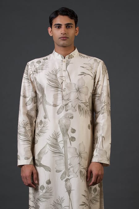 Buy_Balance By Rohit Bal_Ivory Chanderi Silk Bird And Floral Print Kurta Set _Online_at_Aza_Fashions