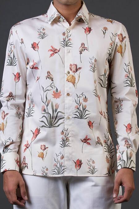 Balance By Rohit Bal_Ivory Poplin, Satin Embroidery Botanic Print Fitted Shirt _Online_at_Aza_Fashions