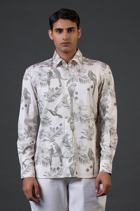 Balance by Rohit Bal_Ivory Poplin, Satin Embroidery Bird And Floral Print Shirt _Online_at_Aza_Fashions