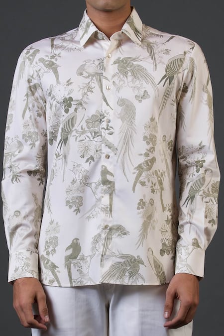 Balance By Rohit Bal_Ivory Poplin, Satin Embroidery Floral And Bird Print Fitted Shirt _Online_at_Aza_Fashions