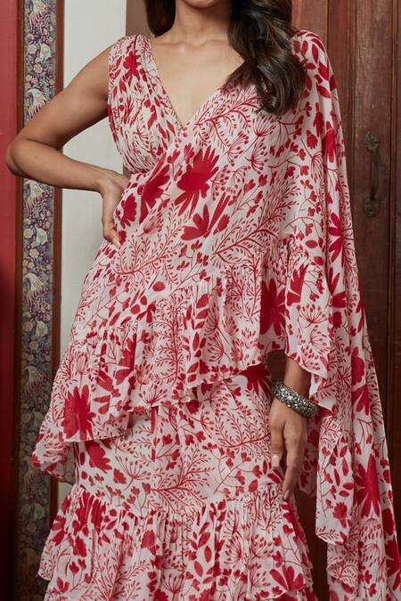 Buy Arpita Mehta Beige Georgette Embroidery V-neck Garden Print Ruffle Pre-draped Saree Set Online at Aza Fashions Buy_Arpita Mehta_Beige Georgette Embroidery V-neck Garden Print Ruffle Pre-draped Saree Set_Online_at_Aza_Fashions