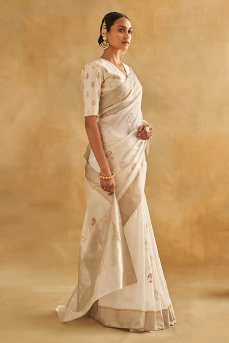Taisha White Tissue, Satin, Pashmina Pattu Silk Woven Saree With Floral Pattern Blouse Online at Aza Fashions Taisha_White Tissue, Satin, Pashmina Pattu Silk Woven Saree With Floral Pattern Blouse _Online_at_Aza_Fashions