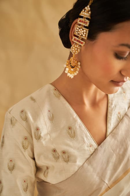 Buy Taisha White Tissue Embroidery V-neck Woven Floral Pattern Blouse Online at Aza Fashions Buy_Taisha_White Tissue Embroidery V-neck Woven Floral Pattern Blouse _Online_at_Aza_Fashions