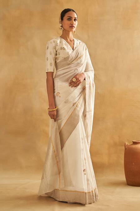 White Sarees | While Color Saree | White with Red Saree | BharatSthali