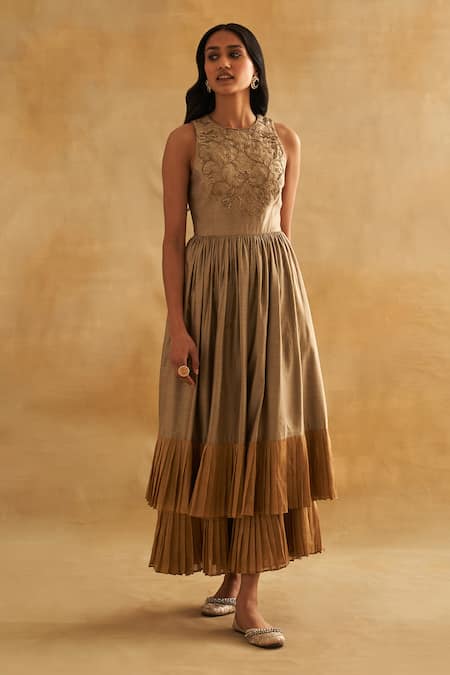 Buy_Taisha_Silver Silk Embroidery Round Neck Large Pleated Anarkali _Online_at_Aza_Fashions