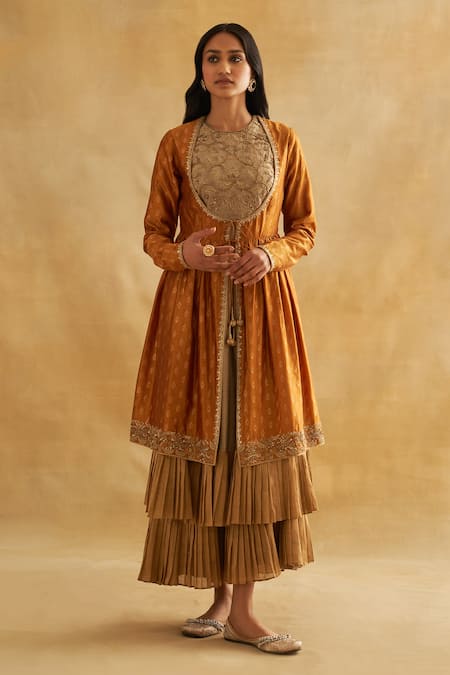 Buy_Taisha_Gold Kota Doria, Silk Zari, Embroidery Scoop Neck, Handwoven Jacket Anarkali Set _Online_at_Aza_Fashions
