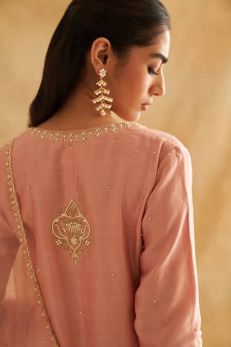 Shop Taisha Pink Chanderi Cotton, Silk Organza Pearls Split Embellished Kurta Churidar Set Online at Aza Fashions Shop_Taisha_Pink Chanderi Cotton, Silk Organza Pearls Split Embellished Kurta Churidar Set _Online_at_Aza_Fashions