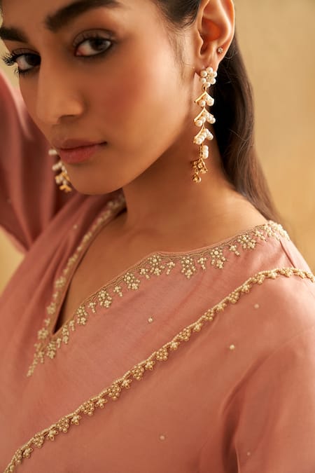 Taisha Pink Chanderi Cotton, Silk Organza Pearls Split Embellished Kurta Churidar Set at Aza Fashions Taisha_Pink Chanderi Cotton, Silk Organza Pearls Split Embellished Kurta Churidar Set _at_Aza_Fashions