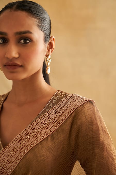 Taisha_Gold Satin, Silk Embroidery V-neck Dori Work Saree Set _Online_at_Aza_Fashions