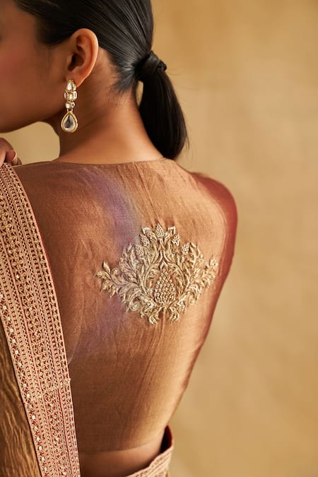 Buy_Taisha_Gold Satin, Silk Embroidery V-neck Dori Work Saree Set _Online_at_Aza_Fashions