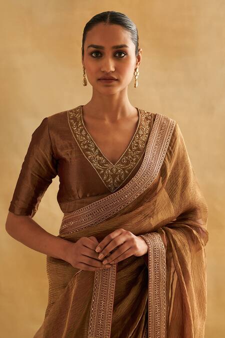 Shop Taisha Gold Silk Embroidery V-neck Pure Zari Tissue Blouse Online at Aza Fashions Shop_Taisha_Gold Silk Embroidery V-neck Pure Zari Tissue Blouse _Online_at_Aza_Fashions