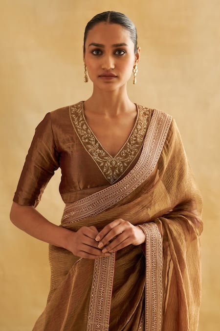 Taisha_Gold Satin, Silk Embroidery V-neck Dori Work Saree Set _at_Aza_Fashions