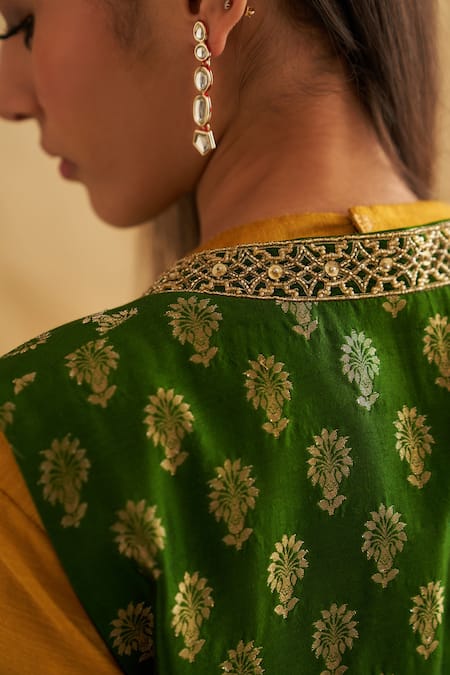 Taisha Green Mohair, Silk Embroidery Round Neck Floral Pattern Reversable Jacket Online at Aza Fashions Taisha_Green Mohair, Silk Embroidery Round Neck Floral Pattern Reversable Jacket _Online_at_Aza_Fashions