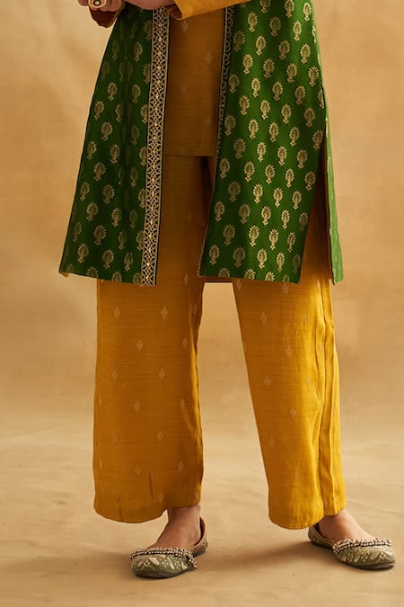 Buy_Taisha_Yellow Silk Embroidery Floral Pattern Straight Pant _Online_at_Aza_Fashions