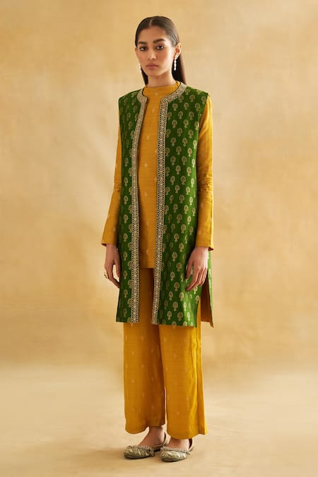 Buy_Taisha_Green Silk, Mohair Embroidery, Beads, Handwoven Reversible Jacket Kurta Set _Online_at_Aza_Fashions