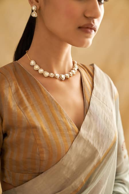 Taisha Gold Silk V-neck Zari Handwoven Stripe Blouse Online at Aza Fashions Taisha_Gold Silk V-neck Zari Handwoven Stripe Blouse _Online_at_Aza_Fashions