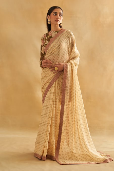 Taisha_Multi Color Georgette, Satin Zari, Floral Printed Sequin Embellished Saree Set _Online_at_Aza_Fashions
