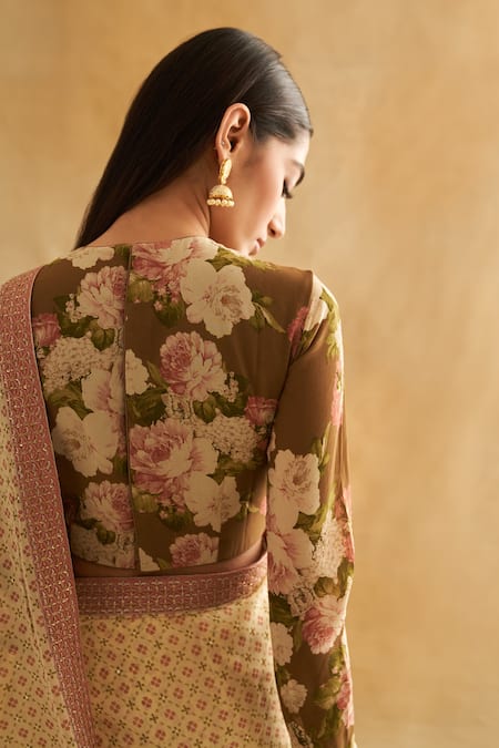 Taisha_Multi Color Georgette, Satin Zari, Floral Printed Sequin Embellished Saree Set _at_Aza_Fashions