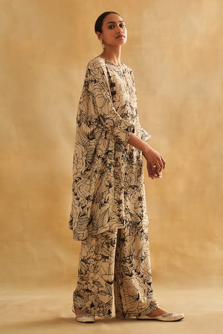 Buy_Taisha_White Handloom Cotton Round Neck Botanical Print Tunic And Pant _Online_at_Aza_Fashions