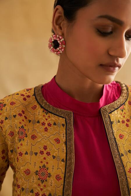 Shop Taisha Multi Color Taffeta Embroidery Round Neck Hand Woven Tifli Brocade Bomber Jacket Online at Aza Fashions Shop_Taisha_Multi Color Taffeta Embroidery Round Neck Hand Woven Tifli Brocade Bomber Jacket _Online_at_Aza_Fashions