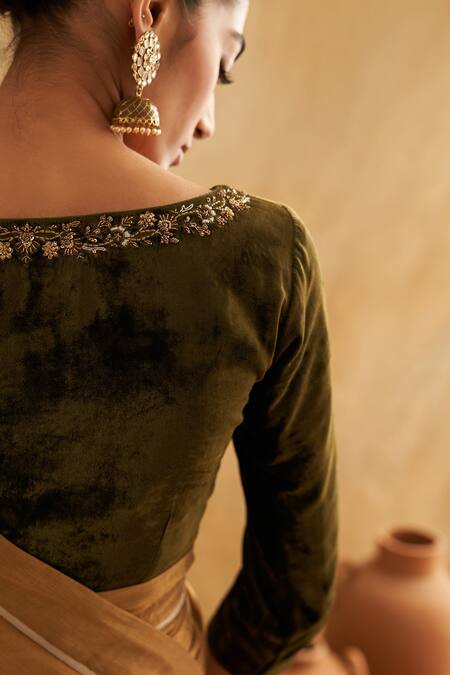 Shop Taisha Green Silk, Velvet Embroidery Boat Neck Pure Hand Blouse Online at Aza Fashions Shop_Taisha_Green Silk, Velvet Embroidery Boat Neck Pure Hand Blouse _Online_at_Aza_Fashions