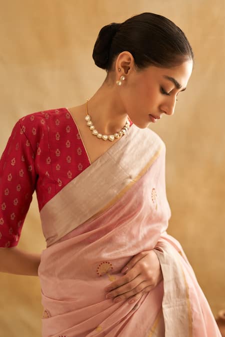 Buy_Taisha_Pink Tissue, Satin, Pashmina, Silk Woven Tree Of Life Pattern Saree With Blouse _Online_at_Aza_Fashions