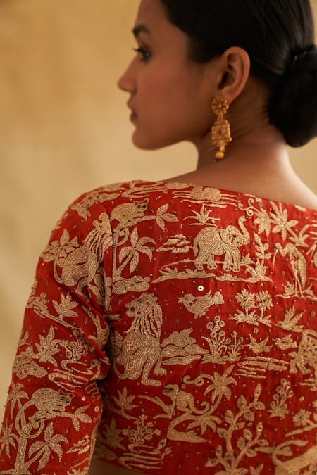 Taisha Red Silk Organza Embroidery Boat Neck Hand Pure Blouse Online at Aza Fashions Taisha_Red Silk Organza Embroidery Boat Neck Hand Pure Blouse _Online_at_Aza_Fashions