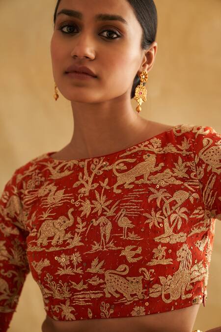 Shop Taisha Red Silk Organza Embroidery Boat Neck Hand Pure Blouse Online at Aza Fashions Shop_Taisha_Red Silk Organza Embroidery Boat Neck Hand Pure Blouse _Online_at_Aza_Fashions
