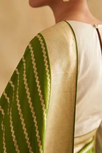 Shop_Taisha_Green Kota Doria, Satin Zari Round Neck Hand Woven Striped Saree Set _Online_at_Aza_Fashions