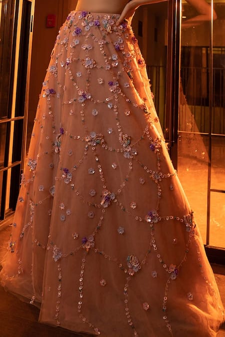 Richa Jaisinghani Label_Beige Tulle And Georgette Beads & Thread, Floral Embroidered Lehenga & Blouse Set _Online_at_Aza_Fashions