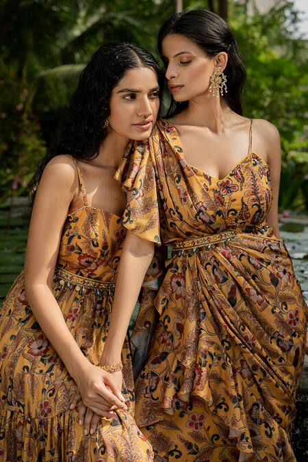 Amrin Khan Yellow Modal Satin Print And Embroidery Pre-draped Saree With Blouse at Aza Fashions Amrin Khan_Yellow Modal Satin Print And Embroidery Pre-draped Saree With Blouse _at_Aza_Fashions