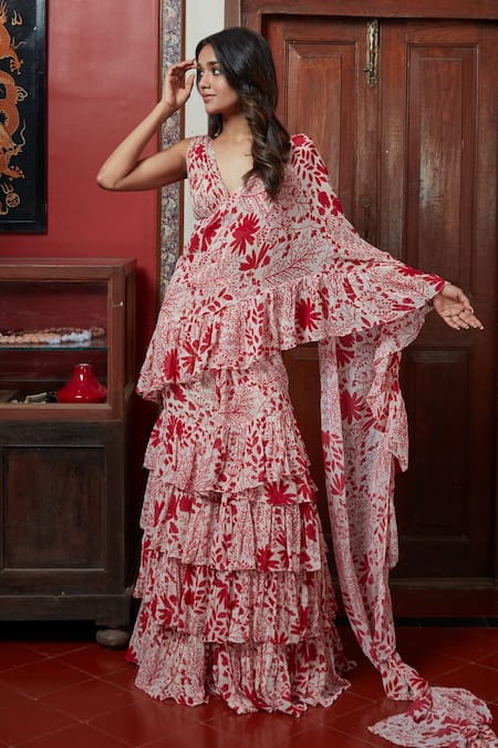Arpita Mehta Beige Georgette Embroidery V-neck Garden Print Ruffle Pre-draped Saree Set at Aza Fashions Arpita Mehta_Beige Georgette Embroidery V-neck Garden Print Ruffle Pre-draped Saree Set_at_Aza_Fashions