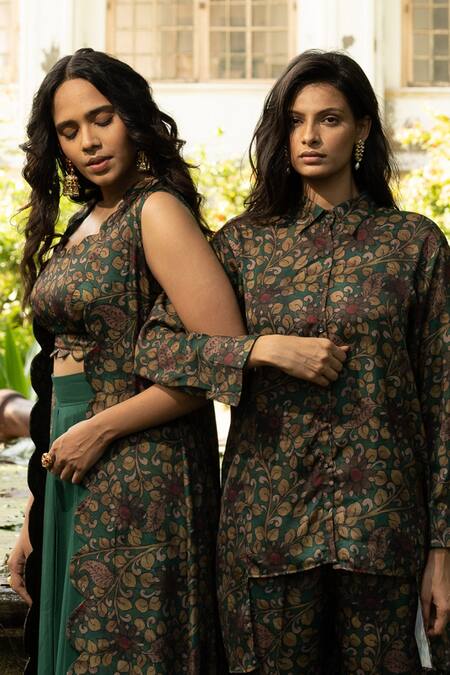 Buy_Amrin Khan_Green Modal Satin And Georgette Floral Print Long Jacket And Draped Skirt Set _Online_at_Aza_Fashions